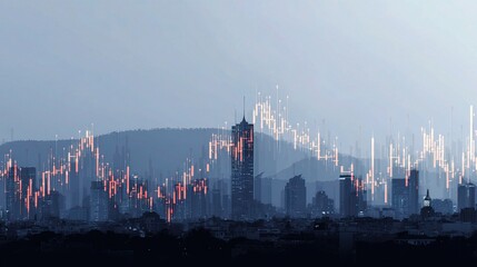 Poster - Minimalist Cityscape with Layered Forex Data Visualization Elements