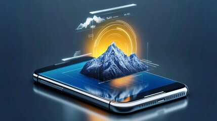 Poster - Watercolor of a smartphone showing a colorful mountain scene with a digital overlay