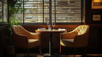Poster - Warm and inviting seating area with pendant lights at a modern cafe during the evening hours
