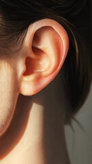 Poster - Medical imagery showcasing a woman's healthy ear, possibly during a check up, emphasizing anatomical details and auditory health in a clinical setting