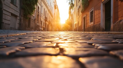 Poster - Golden sunlight casts a warm glow on cobblestone streets, revealing historic architecture and evoking a classic, timeless atmosphere in the heart of the city