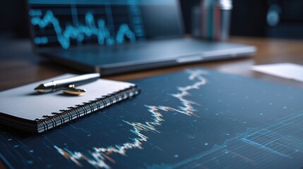 Poster - Modern Office Desk with Notepad, Pen, and Forex Graph Analysis