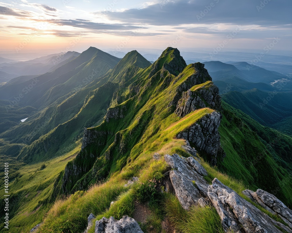 A stunning mountain landscape at sunset, showcasing rugged peaks and ...