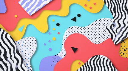 Fototapete - Colorful Memphis style abstract design featuring zigzags squiggles dots and triangles on a modern backdrop