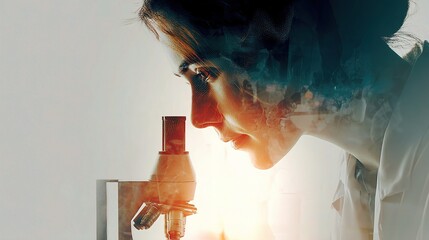 Poster - young woman observing cells under microscope with double exposure effect