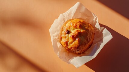 Aufkleber - Close-up view of a moist chocolate chip muffin highlights melted chocolate chips and a golden, rounded top, set against a warm backdrop