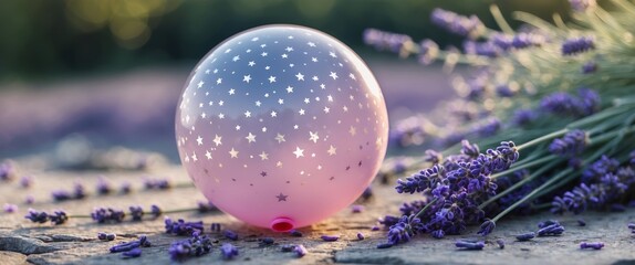 Poster - Colorful balloon resting among lavender flowers in a serene garden setting during golden hour
