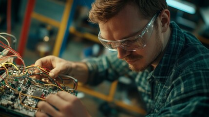 Fototapete - A man wearing safety glasses adjusts wires inside a compact electronic device on a workbench, focusing intently amidst various tools in a workshop setting