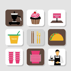 Poster - Illustrated Restaurant Icons: Coffee, Cupcake, Taco, Reserved Table