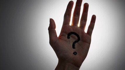 Aufkleber - Multiple views of an open hand with a question mark drawn on the palm, illuminated by varying light sources, symbolizing uncertainty, inquiry, and the search for answers
