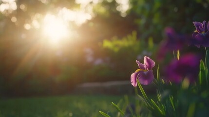 Aufkleber - A blooming purple iris catches soft daylight, showcasing its rich violet petals in a blurred green garden background, signaling the arrival of spring