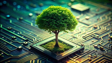 Poster - Nature Meets Tech: Tree Growing from Circuit Board - Stock Photo