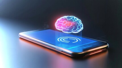 Poster - Realistic dark mode smartphone displaying a holographic brain with AI functionalities