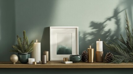 Poster - Cozy decorative arrangement featuring a white frame, festive candles, pine branches, and neutral ornaments against a soft green wall, illuminated by warm evening light