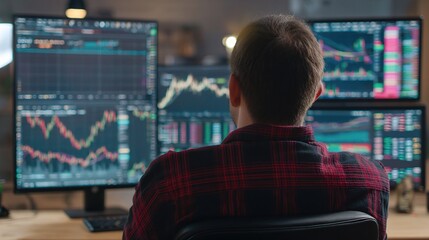 Poster - Engaged Trader Analyzing Crypto Data on Multiple Screens