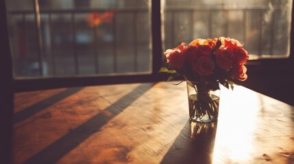 Poster - A bouquet of fresh flowers sits in a vase on a windowsill, illuminated by sunlight that casts gentle shadows, enhancing the serene ambiance of the room