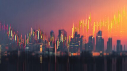 Poster - Abstract Skyline with Flowing Stock Chart Elements at Dusk