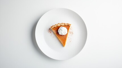 Poster - Warm pumpkin pie slice topped with a dollop of whipped cream and sprinkled with cinnamon, elegantly placed on a white plate against a clean backdrop