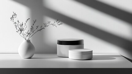 Poster - Modern minimalist arrangement of vases and skincare containers on a gray shelf with dried flowers