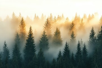Fototapete - Morning light filters through misty coniferous forest at dawn, highlighting silhouettes of trees and creating an ethereal atmosphere