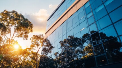 Poster - A striking glass cube building showcases a vibrant sunset, with trees and clouds mirrored on its surface, illustrating the balance of modern design and nature