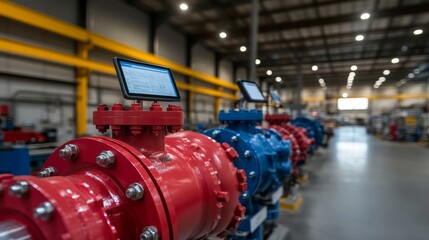 Poster - Male technician inspects a large industrial valve using a digital tablet while working amidst complex machinery and pipelines in a factory environment
