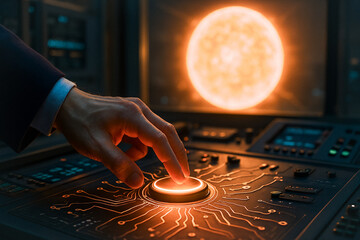 Poster - Innovation ignition: A poised individual initiates a technological marvel with a determined press of a button. The scene pulsates with anticipation, hinting at future advancement.