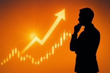 Poster - Strategic Investment: A silhouette of a business person contemplates the trajectory of financial growth. This image is symbolic of forward-thinking strategies and business acumen.