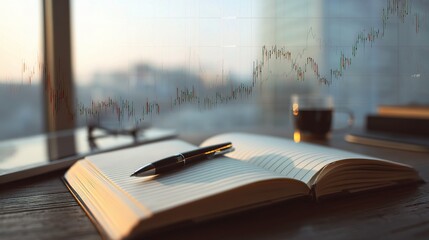 Poster - Double Exposure Financial Graph Drawing Over Notebook and Coffee