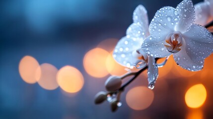 Aufkleber - Delicate white orchid petals adorned with water droplets evoke feelings of elegance and serenity in a soft, blurred pastel background with natural light