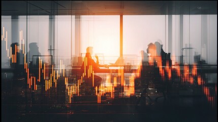 Poster - Double Exposure Business Meeting with Graph and Sunset View