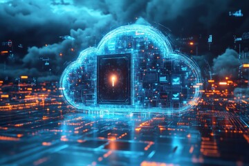 Poster - A luminous blue cloud encapsulates a secure vault door, representing advanced data protection and encryption in a digital environment