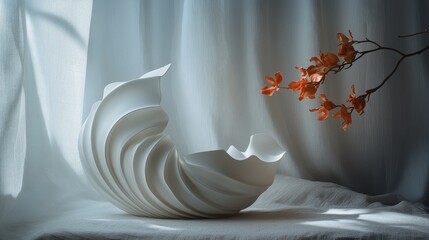Fototapete - Stylish ceramic bowl with wooden interior displayed on a minimalistic shelf with soft sunlight casting interesting shadows