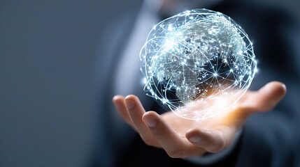 Poster - Business Leader Holding Holographic Globe in Professional Setting