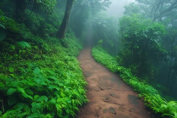 Aufkleber - Path winding through lush green forest in misty morning light showcasing natural tranquility and serenity of untouched wilderness