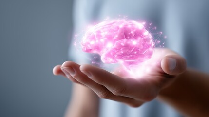 Poster - Creative representation of a glowing brain held in a hand symbolizing knowledge and innovation in a modern environment