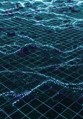 Poster - Abstract Digital Landscape: Futuristic Grid Network with Glowing Data Streams
