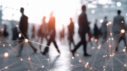 Poster - Blurred Figures of Business People Walking in a Network Grid Setting