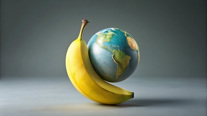 Poster - Minimalist Banana & Globe: Ripe Fruit on Gray Background