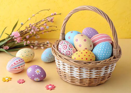 Happy Easter Day Decoration Colorful Eggs in a Nest on a Paper Background