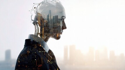 Poster - Double Exposure of Businessman and Futuristic AI Concept Image