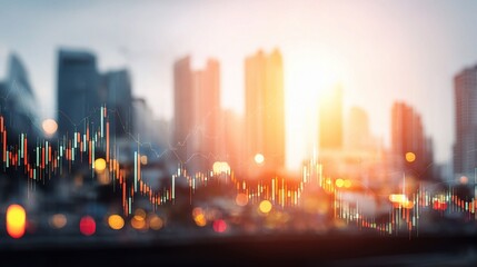 Poster - Double Exposure Business Trading Graph Over Cityscape at Sunset
