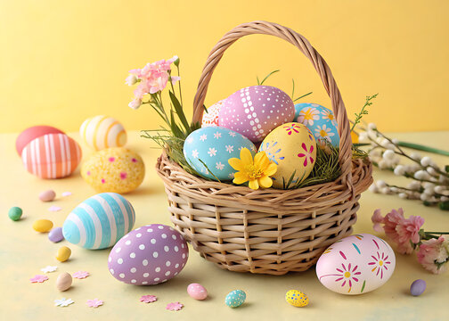 Happy Easter Day Decoration Colorful Eggs in a Nest on a Paper Background