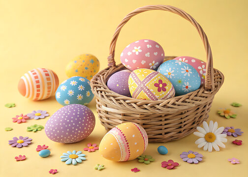 Happy Easter Day Decoration Colorful Eggs in a Nest on a Paper Background