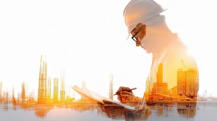 Poster - Double Exposure of Architect Reviewing Plans Against City Skyline