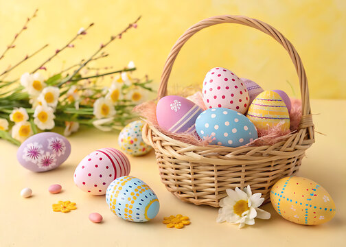 Happy Easter Day Decoration Colorful Eggs in a Nest on a Paper Background