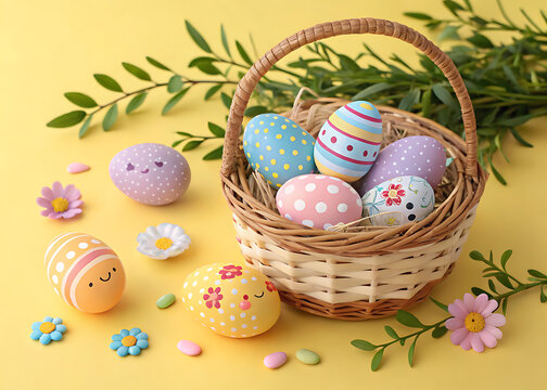 Happy Easter Day Decoration Colorful Eggs in a Nest on a Paper Background