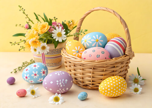 Happy Easter Day Decoration Colorful Eggs in a Nest on a Paper Background