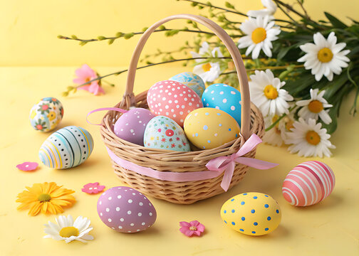 Happy Easter Day Decoration Colorful Eggs in a Nest on a Paper Background