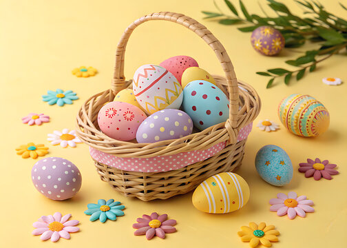 Happy Easter Day Decoration Colorful Eggs in a Nest on a Paper Background